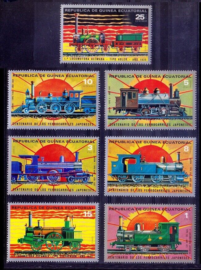 Equatorial Guinea 1983 Mnh 7v, Railways, Train - With Yellow Spots At Back