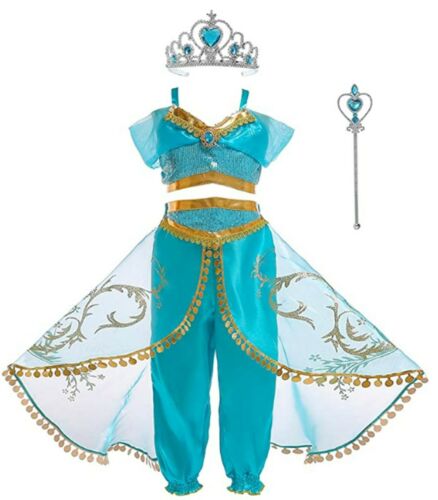 Girls Princess Jasmine Costume Halloween Party Dress Up For Girl With Crown Wand