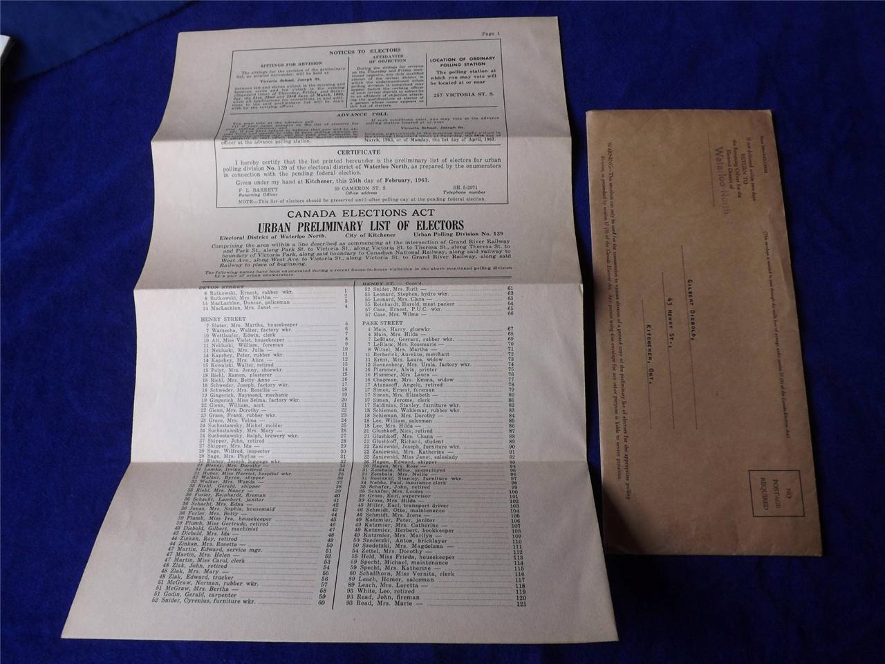 Urban Preliminary List Of Electors Waterloo North Kitchener Canada 1963 Vintage