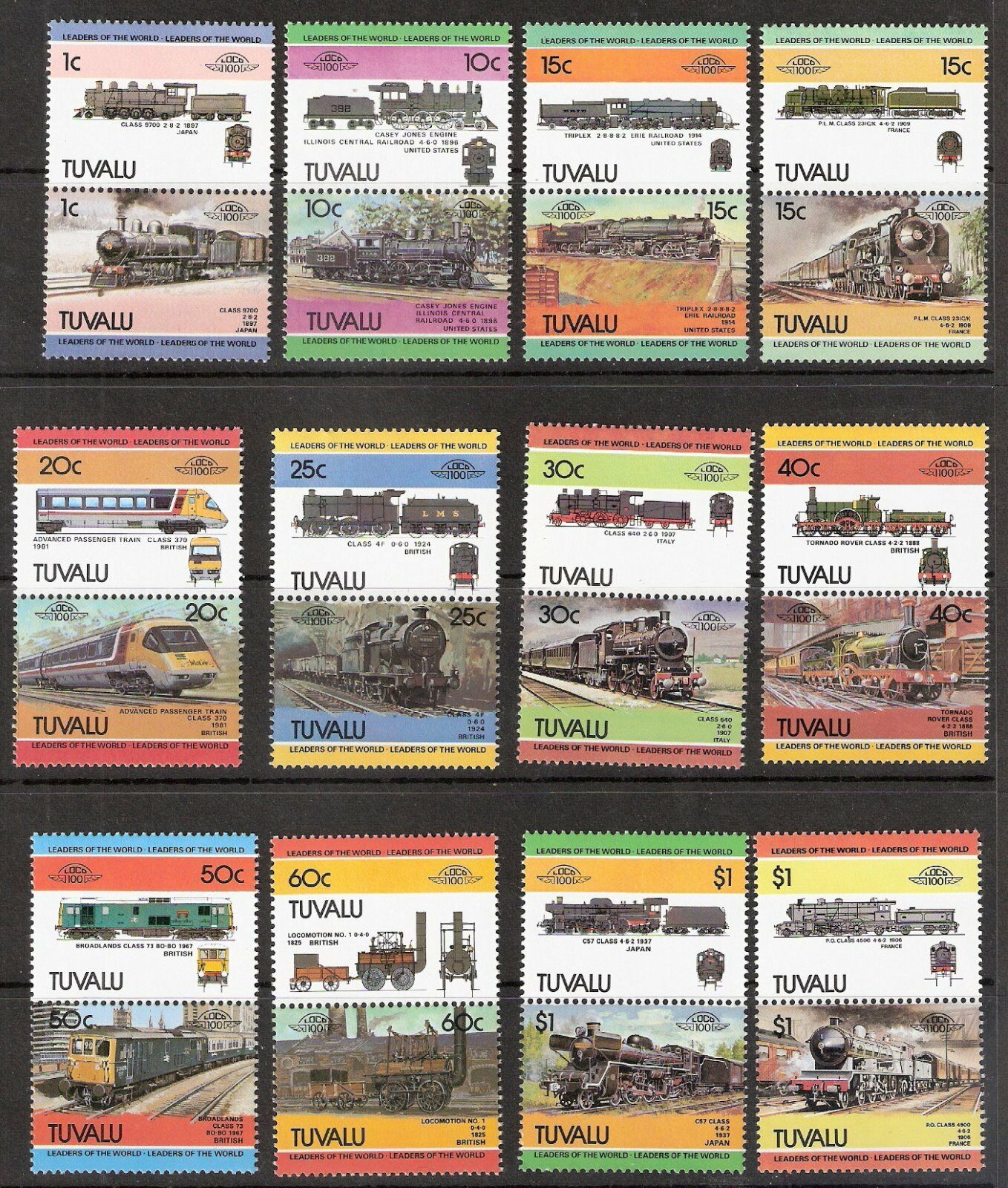 Tuvalu 1984 Trains Locomotive Se-tenant Pairs Complete Set (12) Mnh (sc# 235-246