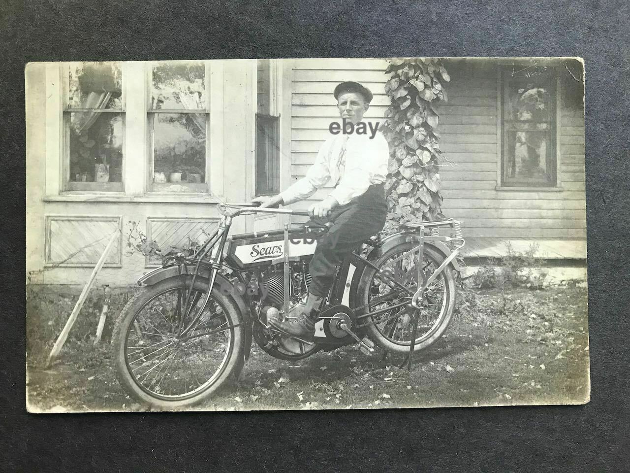* Rppc-early Sears Motorcycle-male Rider-real Photo
