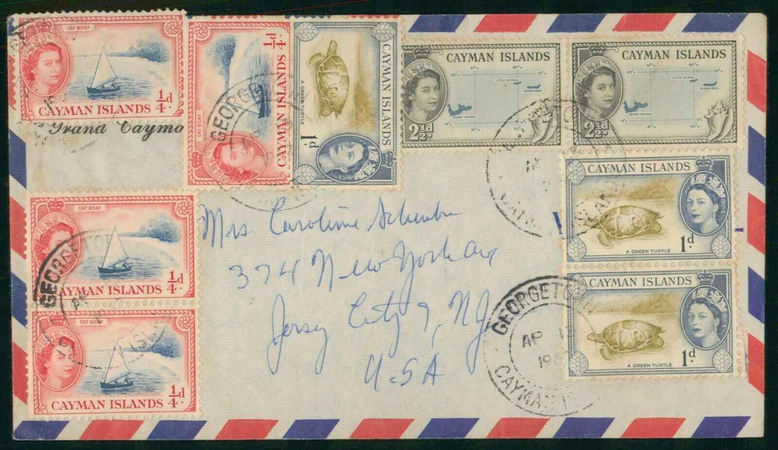Cayman Islands 1962 Georgetown To Jersey City Nj Airmail Cover