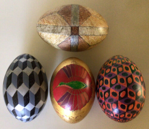 Hand Painted Rhea Eggs ~ Set Of Four ~ 5’”, 5”, 5”, & 5 1/2” ~vintage Ca. 1990’s