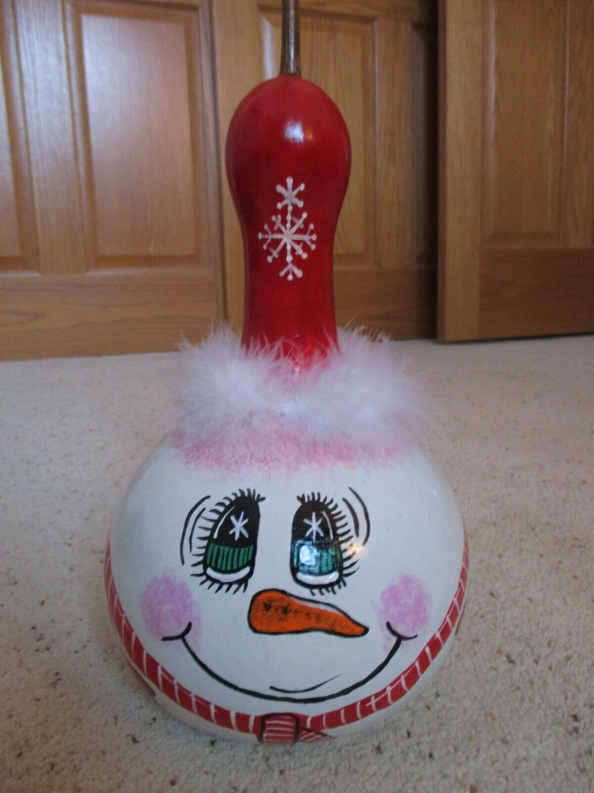 Christmas Large Snowman Figure Hand Painted Gourd With Feather Trim 11"tall