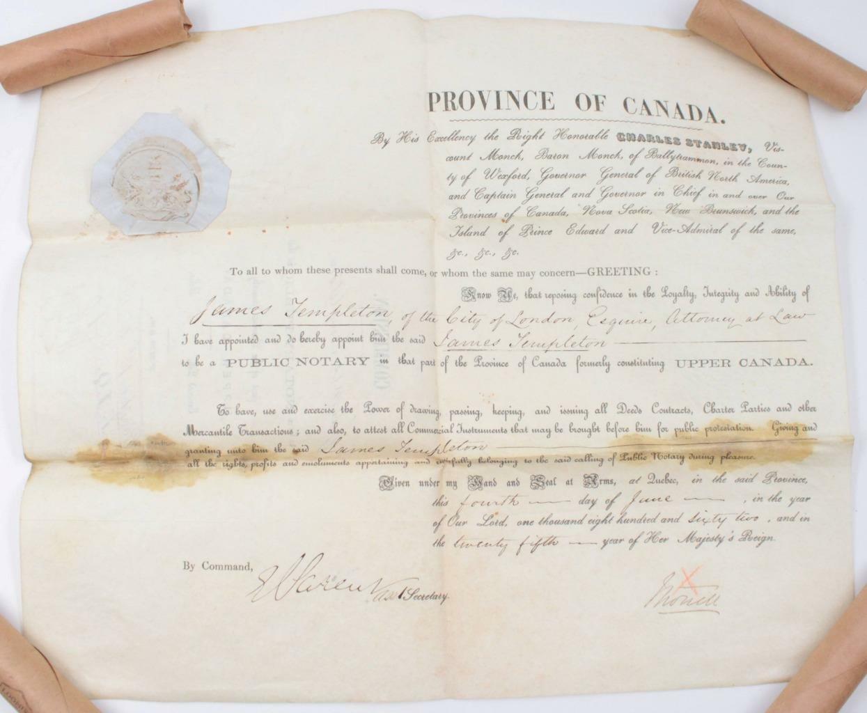 1862 Charles Stanley Monck G.g. Canada Signed Appt. James Templeton  Notary