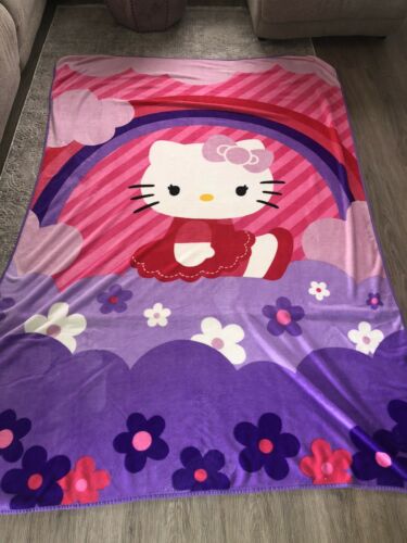 Large Hello Kitty Plush Fleece Throw Blanket 68": X 88" Pink Purple Rainbow 2014