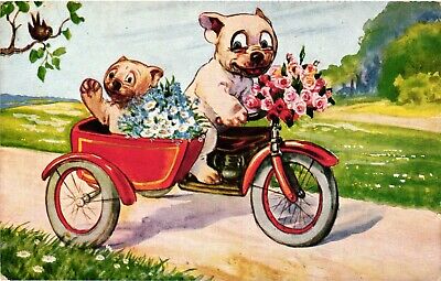 Motorcycle, Dogs Travelling With An Old Type Sidecar Motorcycle, Old Postcard