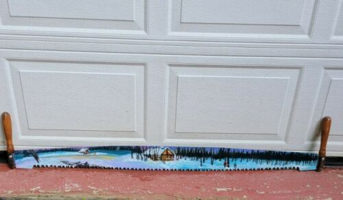 Painting On Crosscut Saw Art Cabins In Woods Winter Scene Snow Men Artist Signed