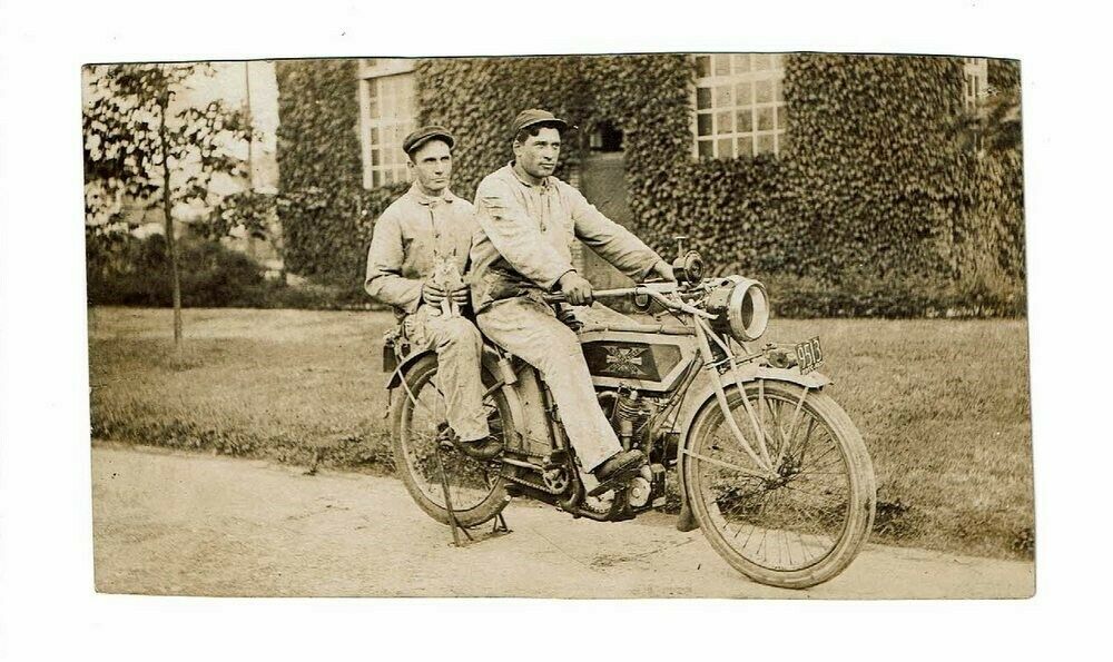 Original Rppc Excelsior Auto Cycle Motorcycle Men Kitten Postcard Real Photo