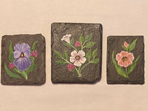 Hand Painted Slate Refrigerator Magnets - Set Of 3 - Beautiful Floral, Flowers