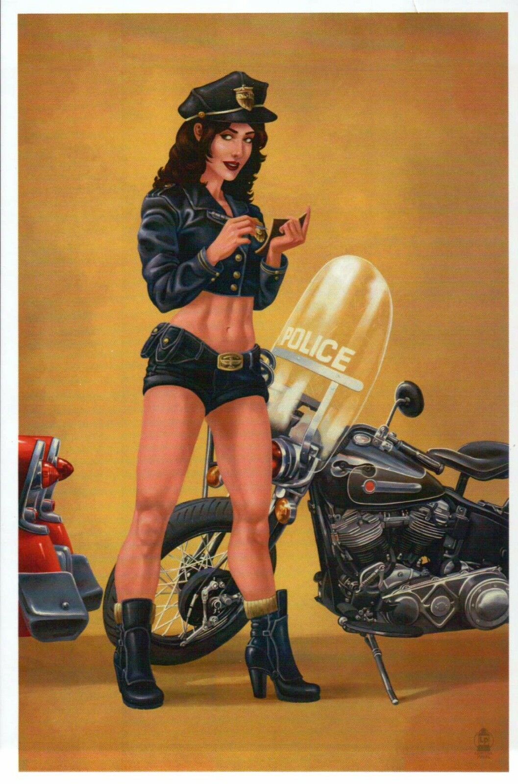 Sexy Pinup Girl Police Officer With Motorcycle, Risque, Boots -- Modern Postcard