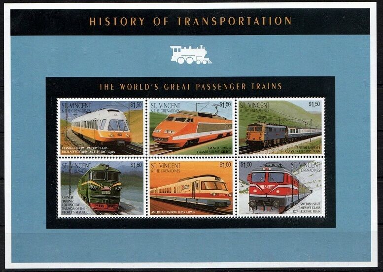St Vincent Gr 1995 Mnh Ss, Passenger Train, Railways, Locomotives
