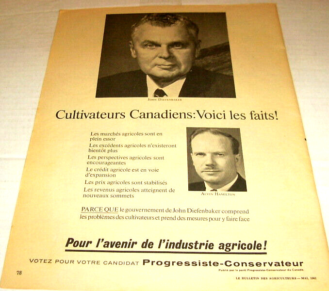 1962 John Diefenbaker & Alvin Hamilton For The Conservator Original Ad In French
