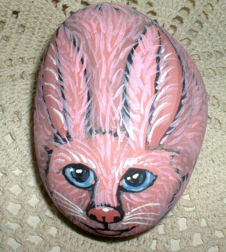 Blue  Eyed Pink Bunny !  Hand Painted Rock Original, Signed, Dated, Vivian Allen