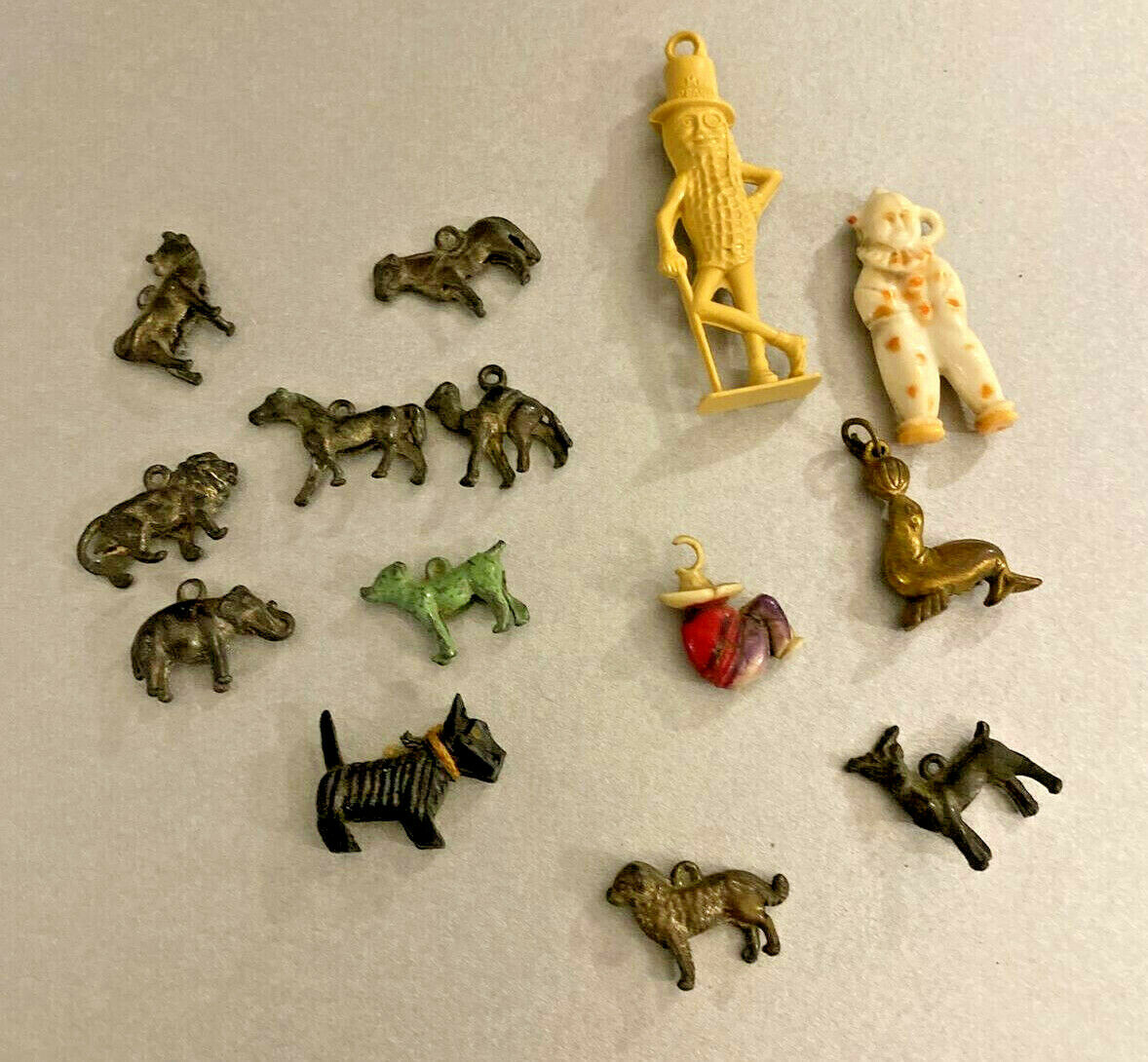 Vintage Small Metal And Celluloid Charms Cracker Jack Prize Mr Peanut Animals