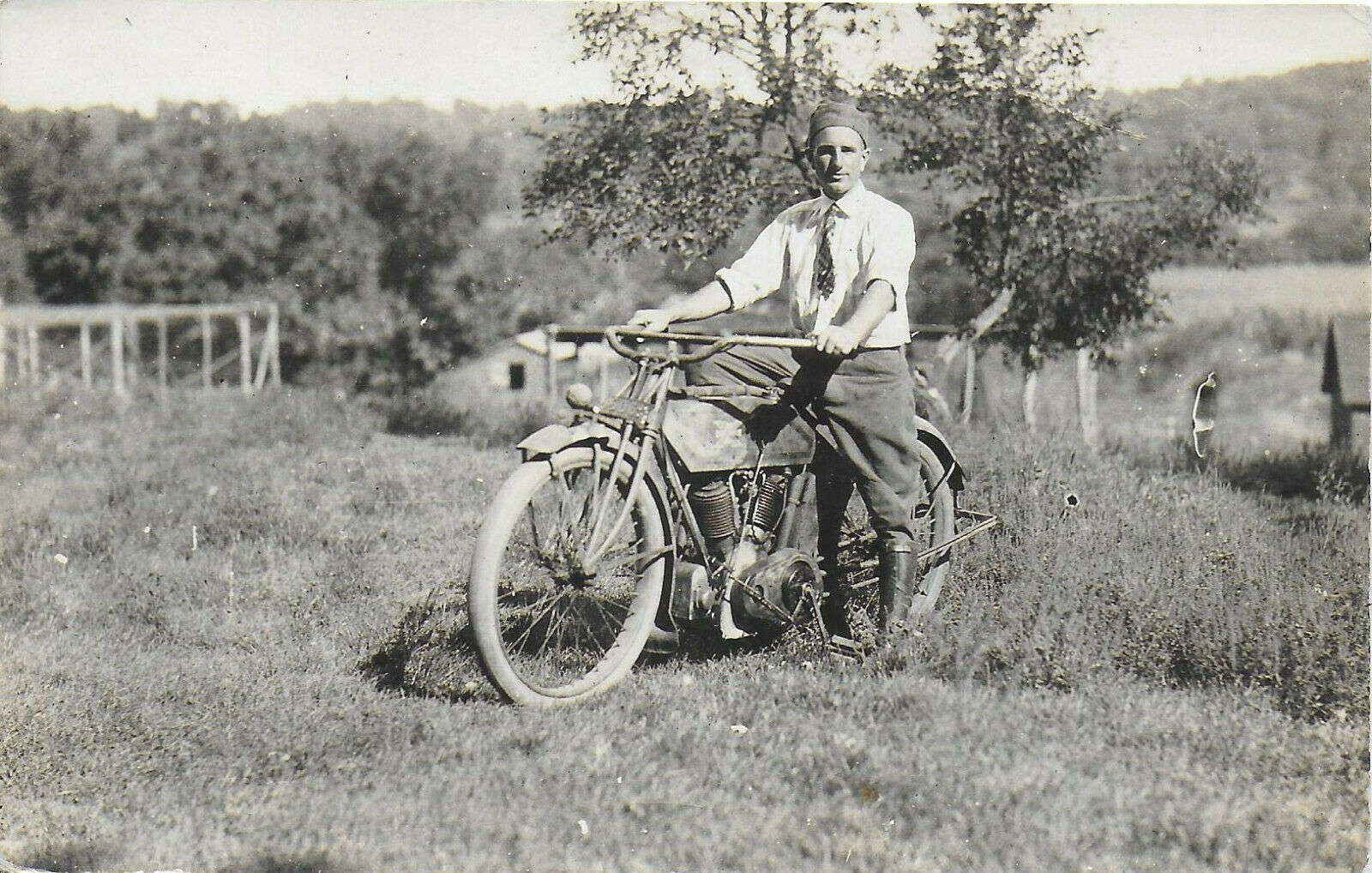 Rppc Of Man Posed On A C1914-16 Excelsior Motorcycle Outdoors