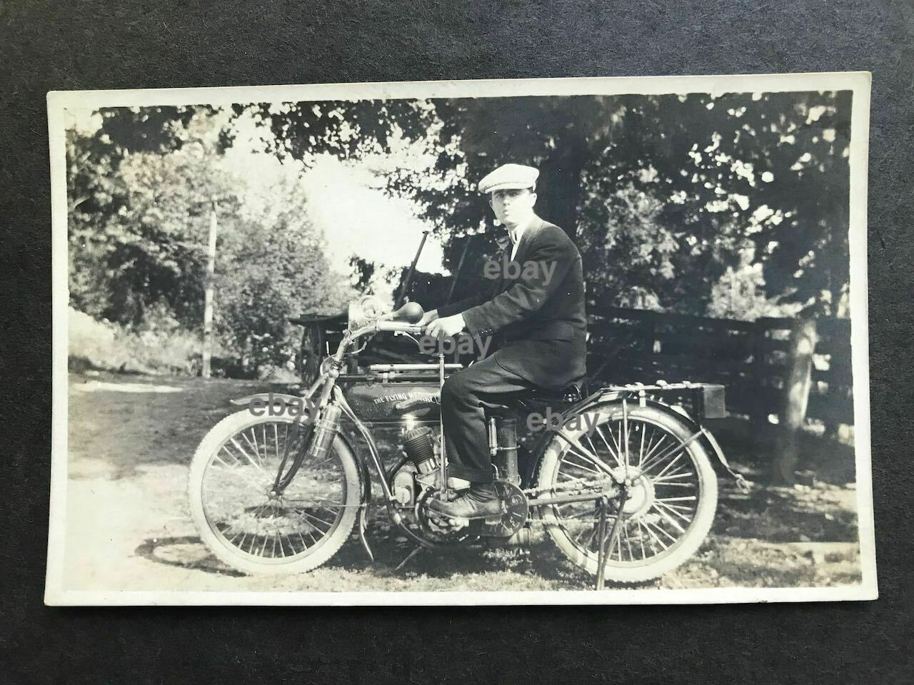 * Rppc-early "the Flying Merkel" Motorcycle-male Rider-real Photo
