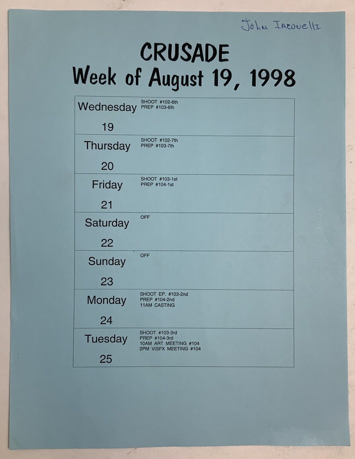 Babylon 5 Crusade August 19-25, 1998 Blue Weekly Schedule Calendar