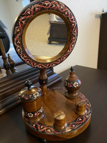 Traditional Wooden Panjabi Sheesha Mirror Handmade Painted Surmadani Comb Holder