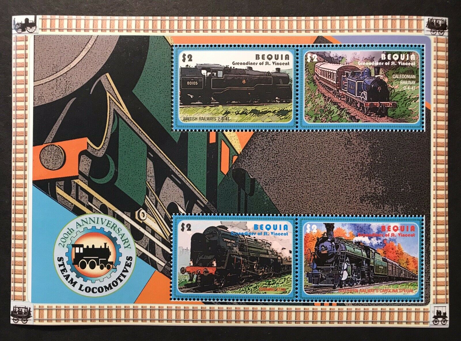 Bequia St Vincent Trains Stamps Sheet 2005 Mnh 200th Anv. Of Steam Locomotives