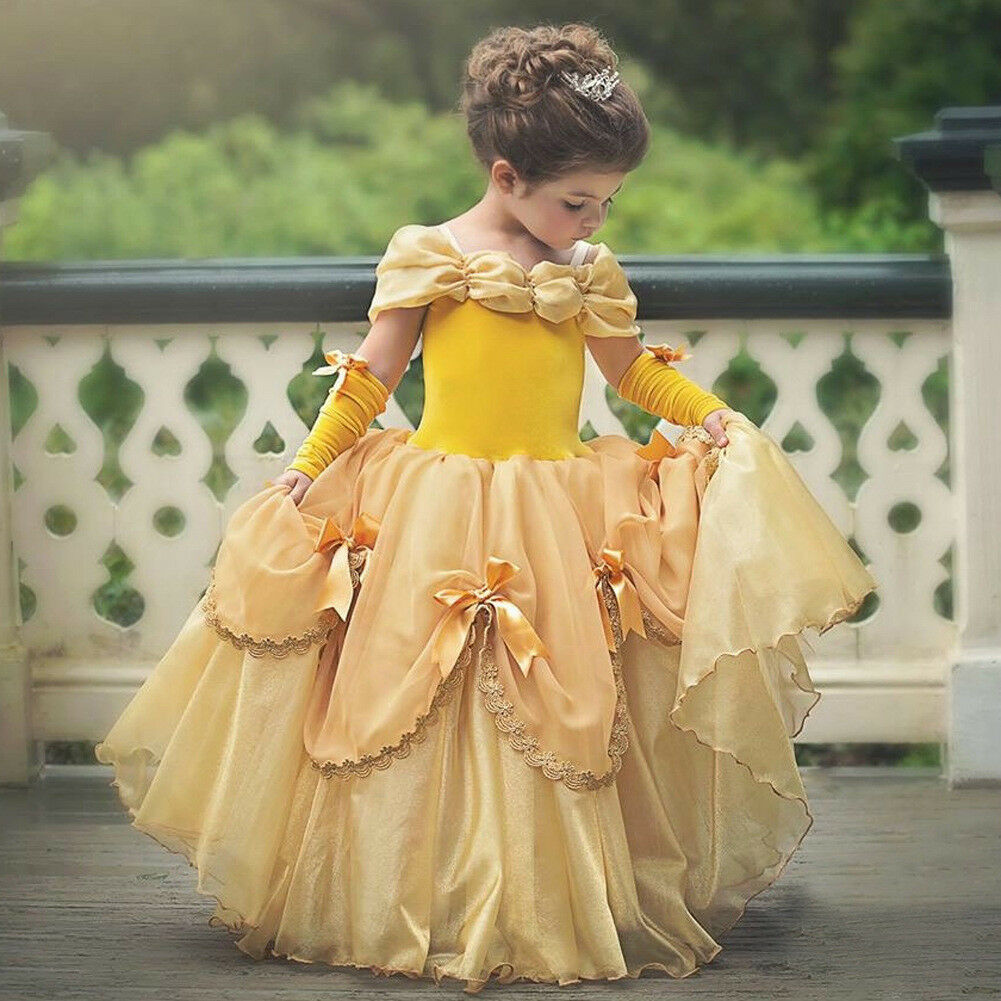 2019 New Belle Girls Dress Yellow Princess Cosplay Costume Birthday Party Dress