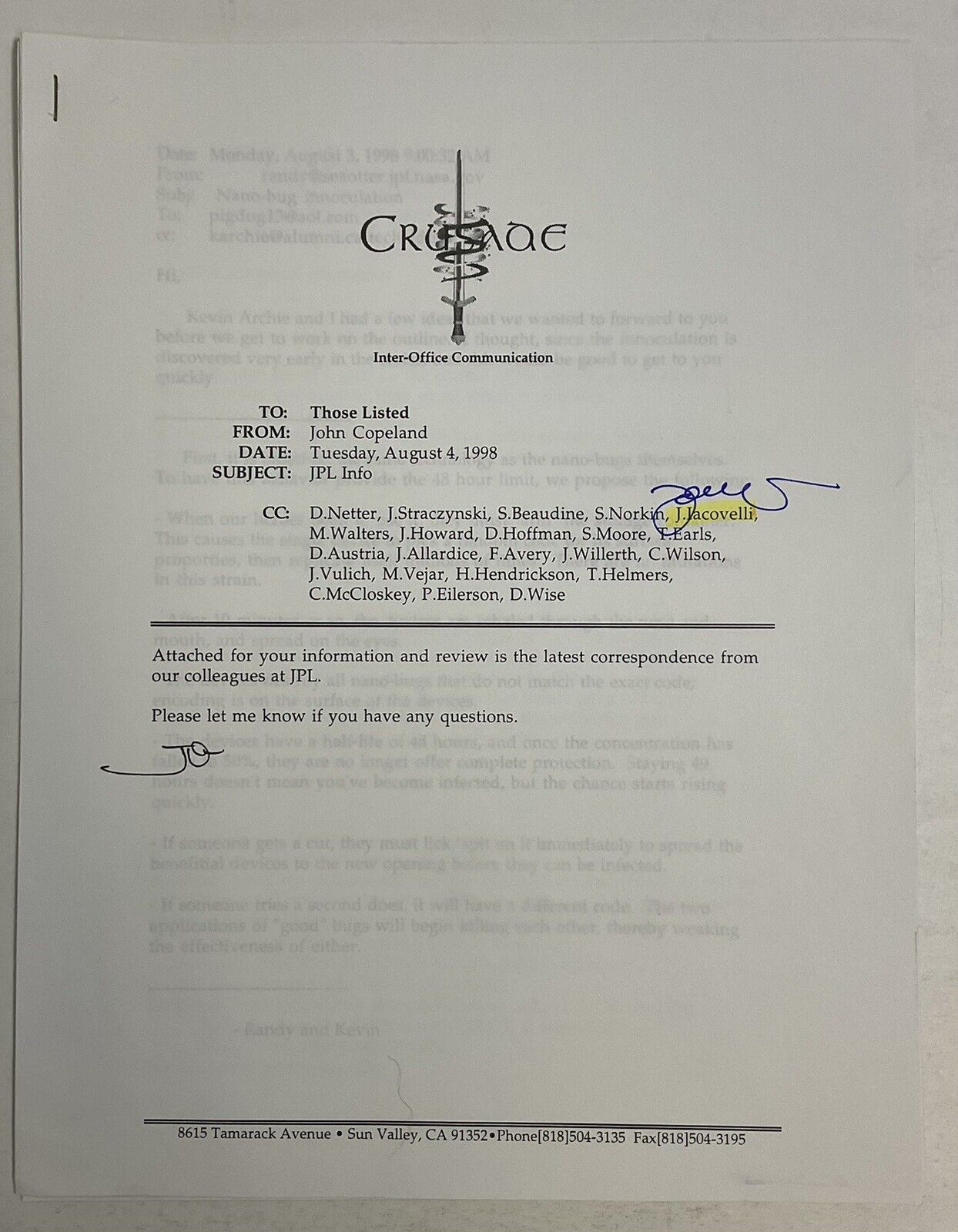 Babylon 5 Crusade Jpl Info Signed Inter-office Communication Oct 22, 1998