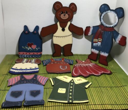 Hand Painted Wooden Bear And 7 Interchangeable Outfits Country Folk Art
