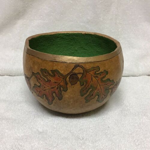 Hand Painted, Etched Gourd Bowl With Oak Leaf Motif