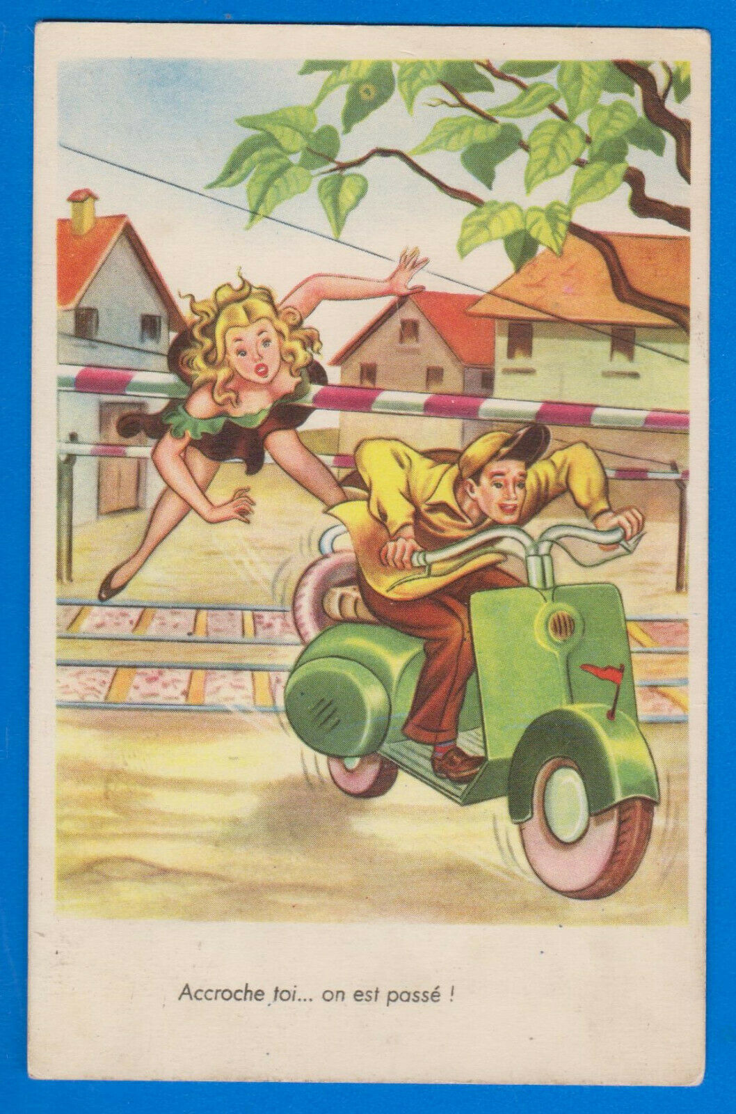 Comic Vespa Scooter Motorcycle Pinup Girl 1959 Postcard