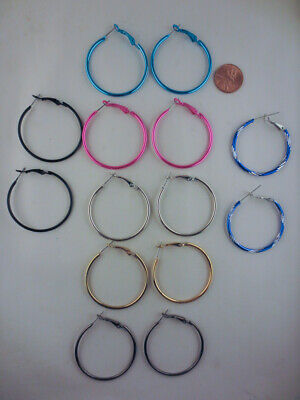 Lot Of 7 Pairs Metal Hoop Earrings Assorted Colors 1 1/2"