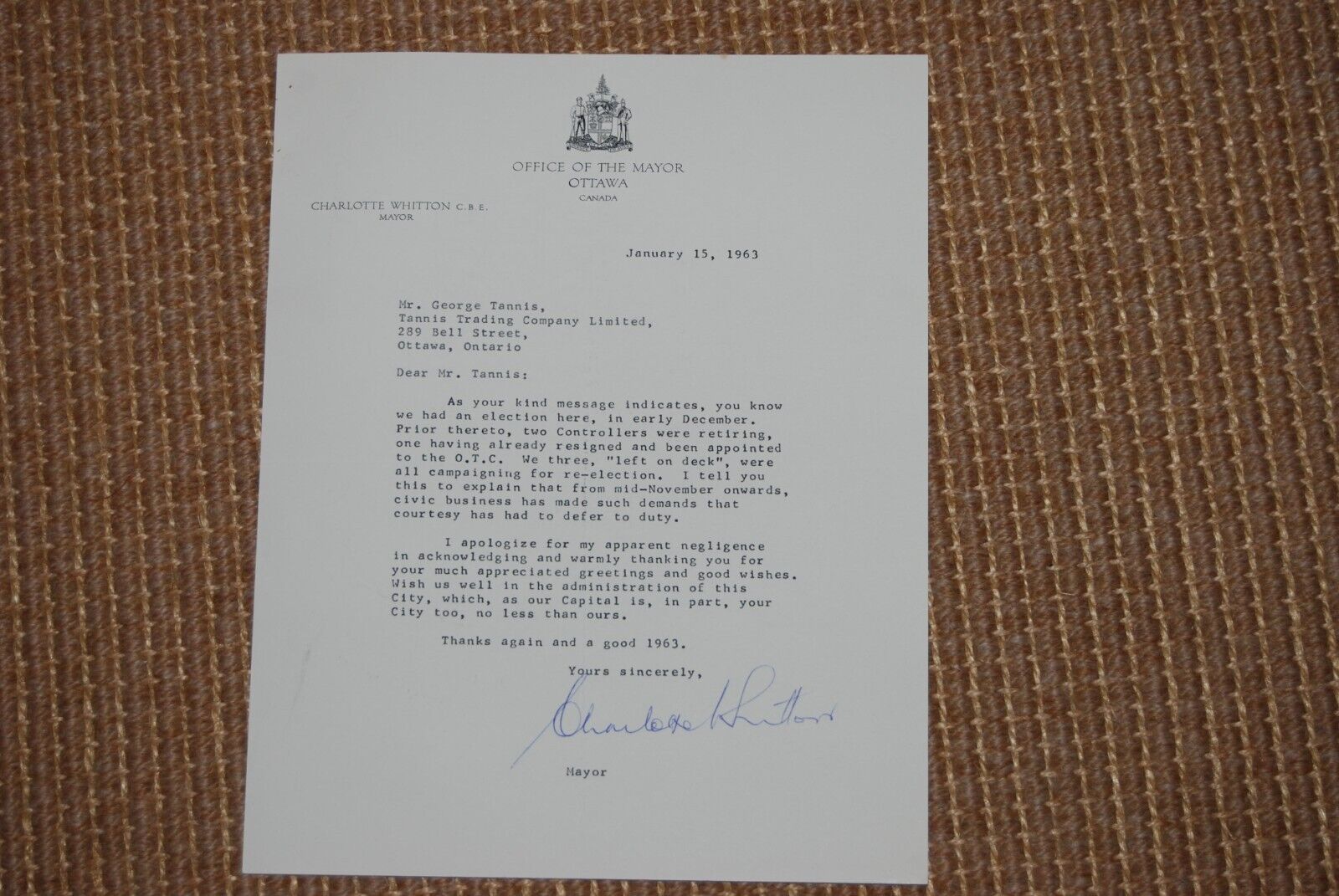 Canada Charlotte Whitton Ottawa Mayor 1963 Signed Letter