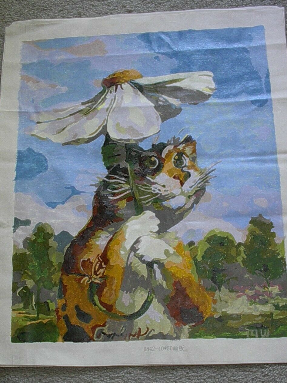 Finished  Hand Painted Whimsical Kitty Cat Holding  Daisy Flower Umbrella