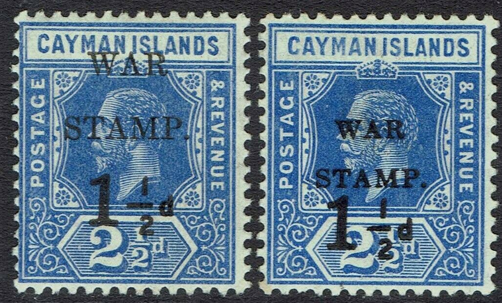 Cayman Islands 1917 War Stamp Kgv 11/2d On 21/2d Both Types