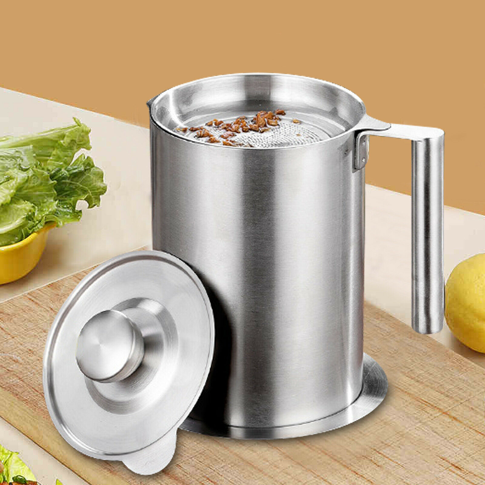 304 Stainless Steel Oil Filter Can Oil Storage Kitchen W/dust-proof Cover Filter