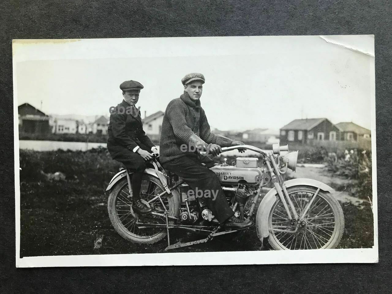 * Rppc-early Harley Davidson Motorcycle-tandem Cycle-two Seat-real Photo