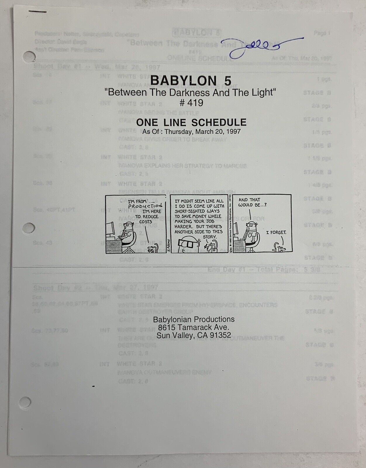 Babylon 5 Between The Darkness And The Light Show#419 Signed One Line Schedule